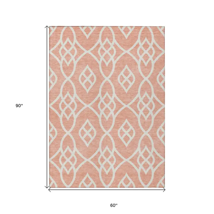 5' X 8' Salmon And Ivory Trellis Washable Indoor Outdoor Area Rug