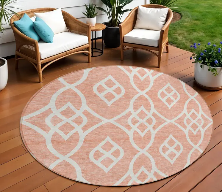 8' Salmon And Ivory Round Trellis Washable Indoor Outdoor Area Rug