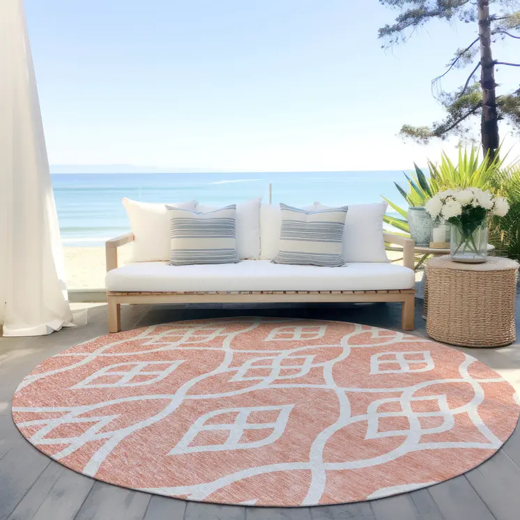 8' Salmon And Ivory Round Trellis Washable Indoor Outdoor Area Rug