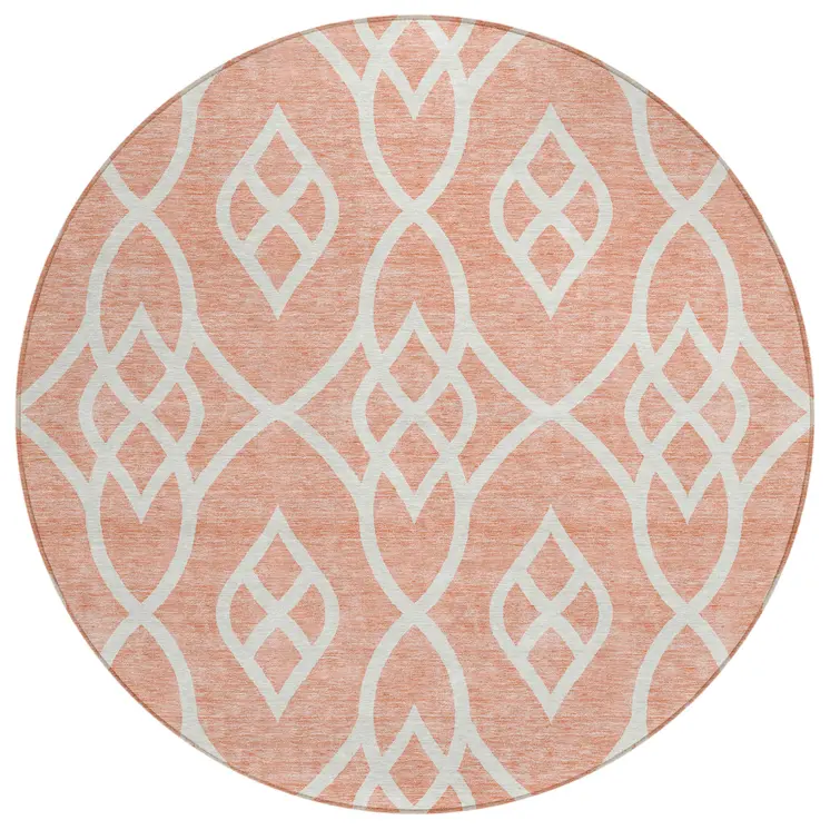8' Salmon And Ivory Round Trellis Washable Indoor Outdoor Area Rug