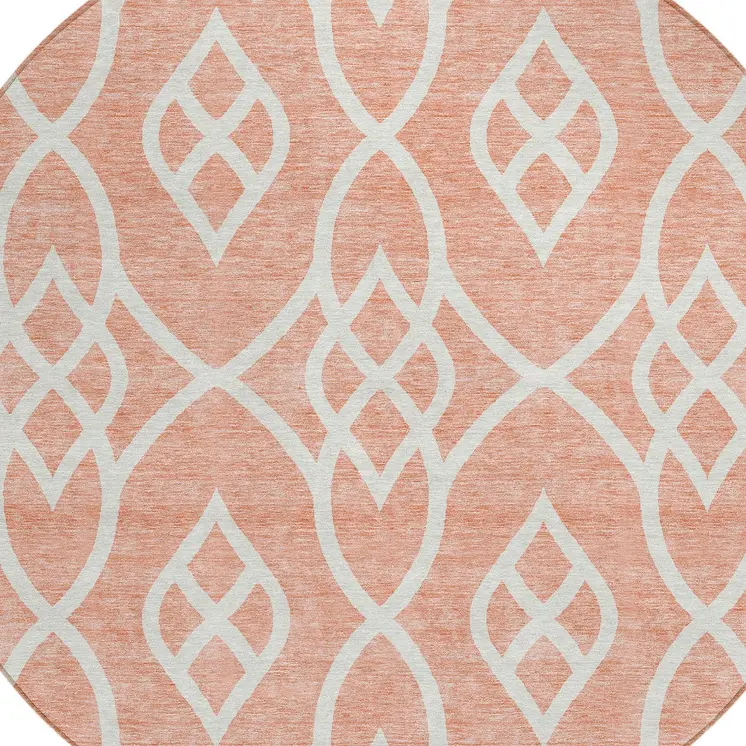 8' Salmon And Ivory Round Trellis Washable Indoor Outdoor Area Rug
