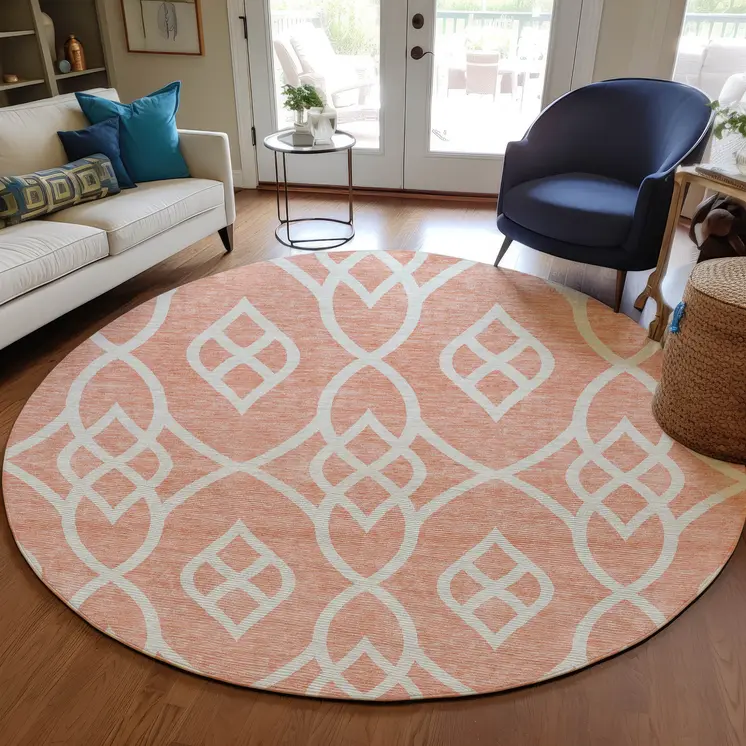 8' Salmon And Ivory Round Trellis Washable Indoor Outdoor Area Rug