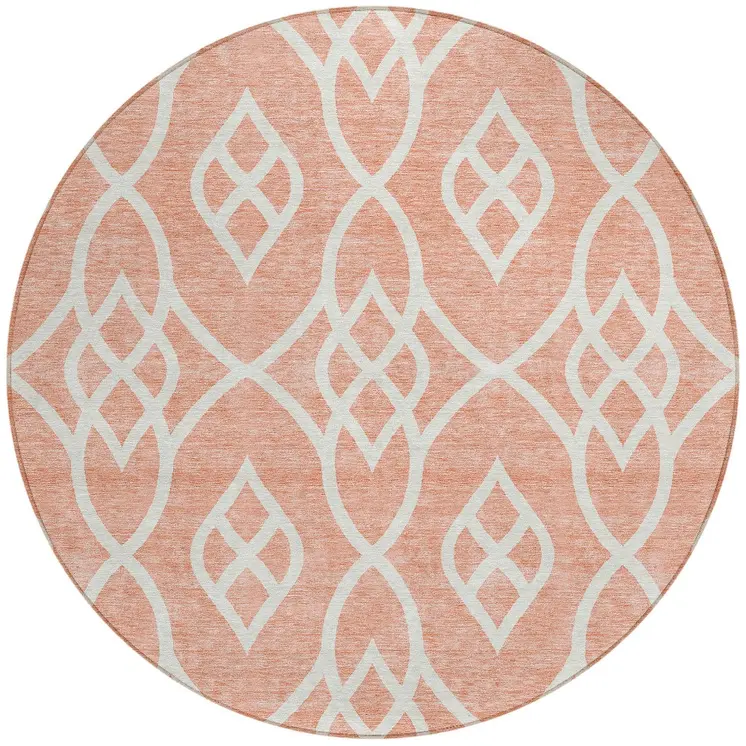 8' Salmon And Ivory Round Trellis Washable Indoor Outdoor Area Rug