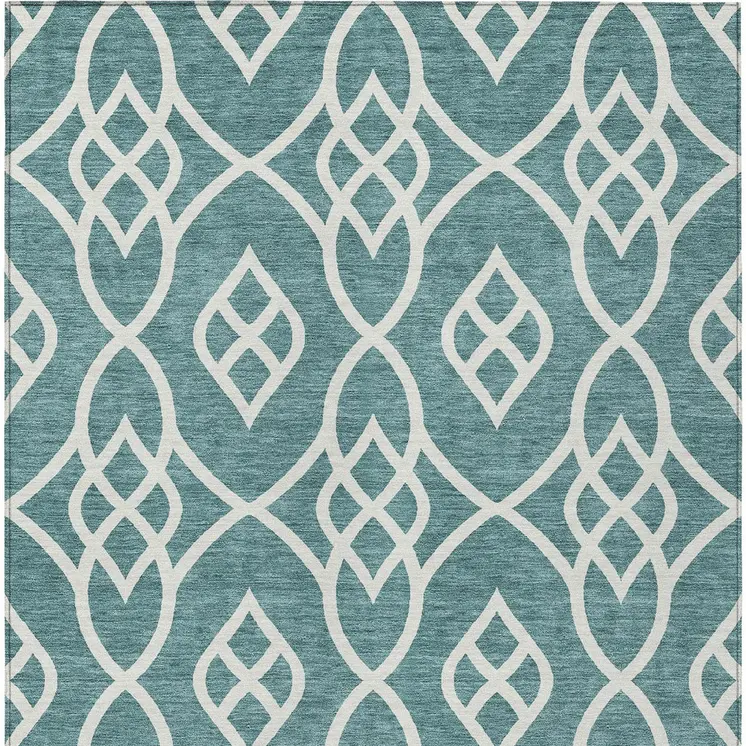 3' X 5' Teal Blue And Ivory Trellis Washable Indoor Outdoor Area Rug