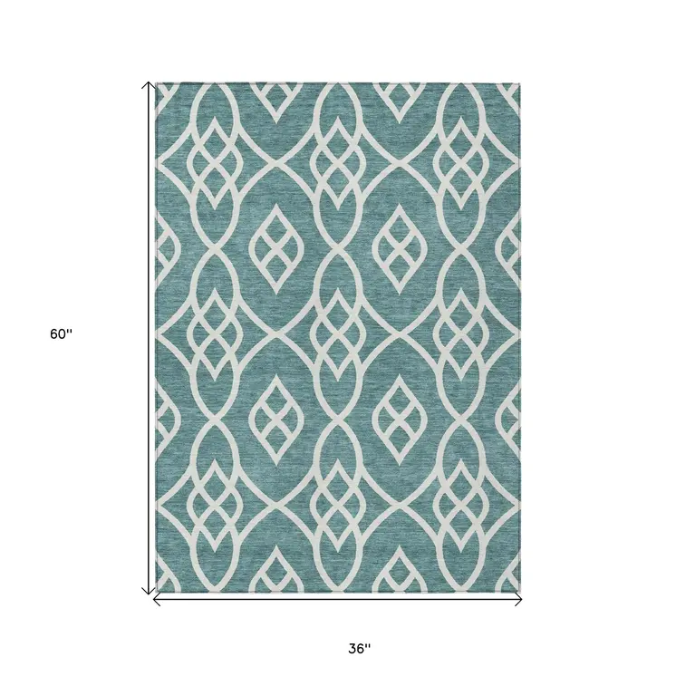 3' X 5' Teal Blue And Ivory Trellis Washable Indoor Outdoor Area Rug