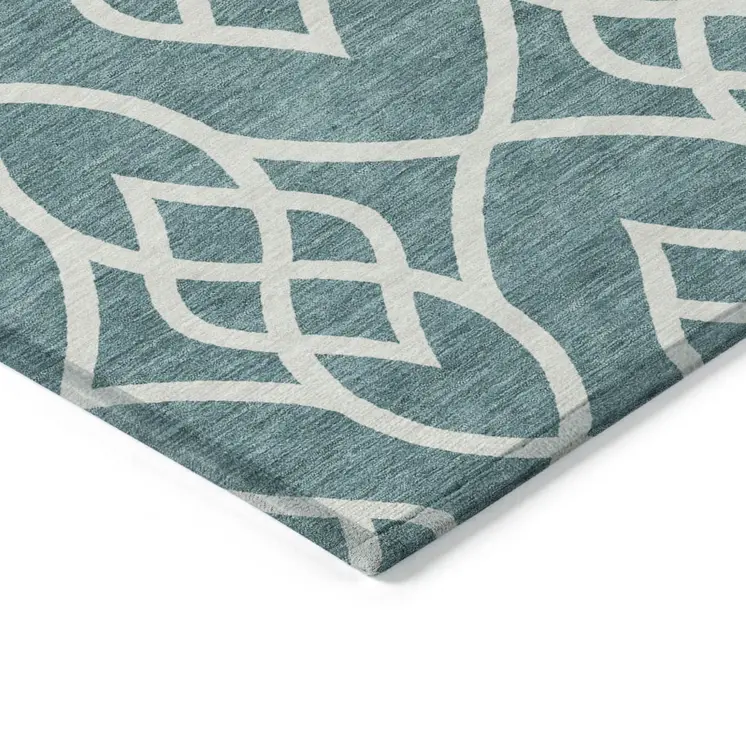 3' X 5' Teal Blue And Ivory Trellis Washable Indoor Outdoor Area Rug