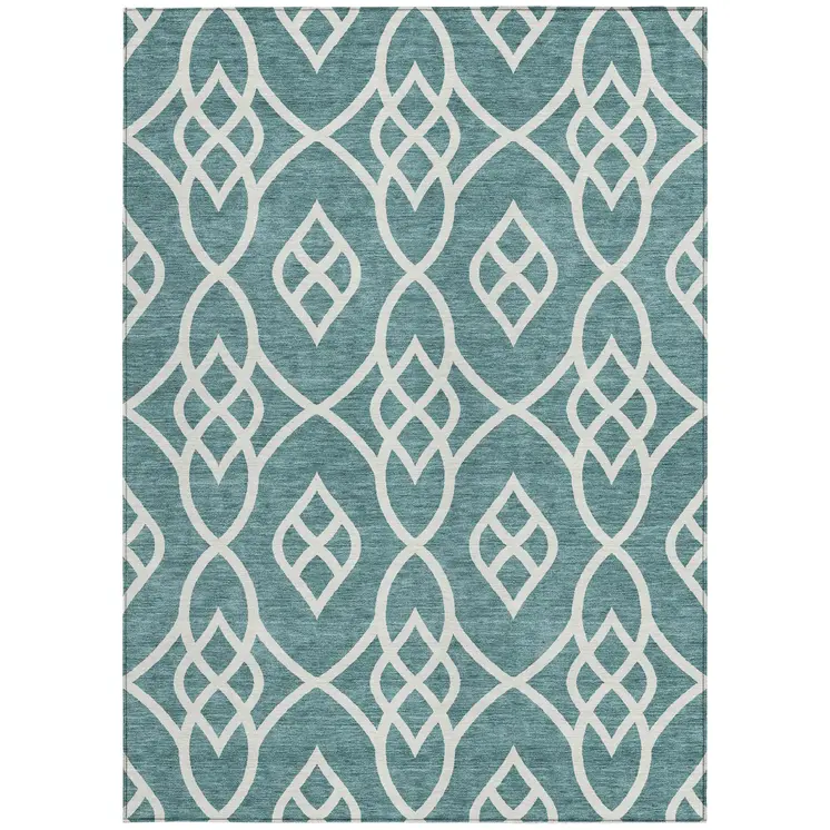 8' X 10' Teal Blue And Ivory Trellis Washable Indoor Outdoor Area Rug