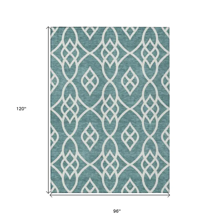 8' X 10' Teal Blue And Ivory Trellis Washable Indoor Outdoor Area Rug