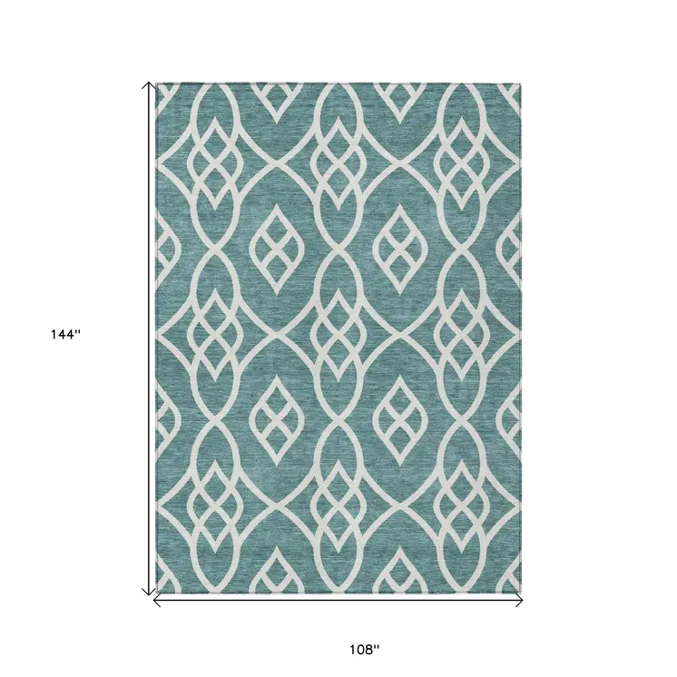 9' X 12' Teal Blue And Ivory Trellis Washable Indoor Outdoor Area Rug