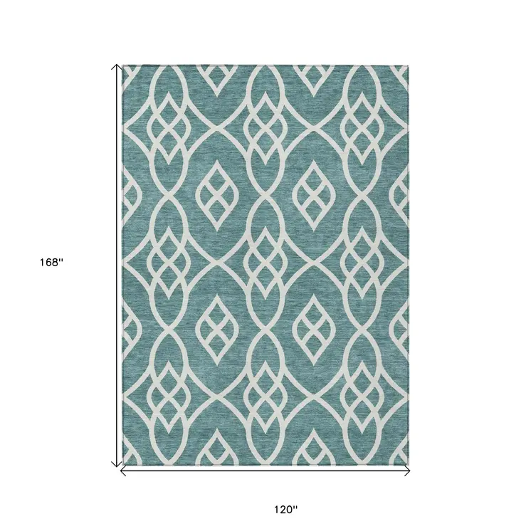 10' X 14' Teal Blue And Ivory Trellis Washable Indoor Outdoor Area Rug
