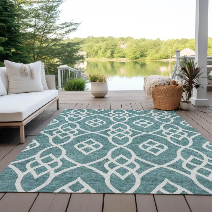 10' X 14' Teal Blue And Ivory Trellis Washable Indoor Outdoor Area Rug