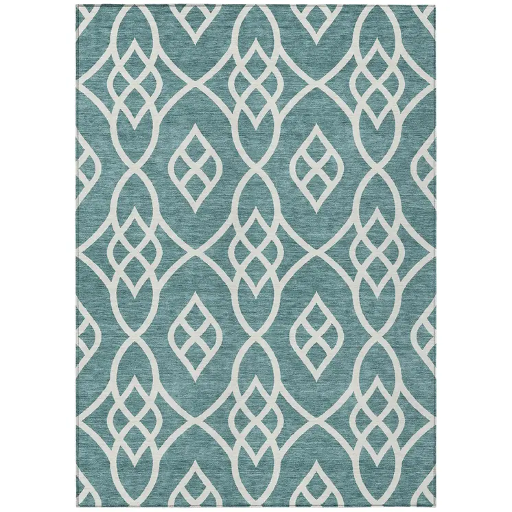 10' X 14' Teal Blue And Ivory Trellis Washable Indoor Outdoor Area Rug
