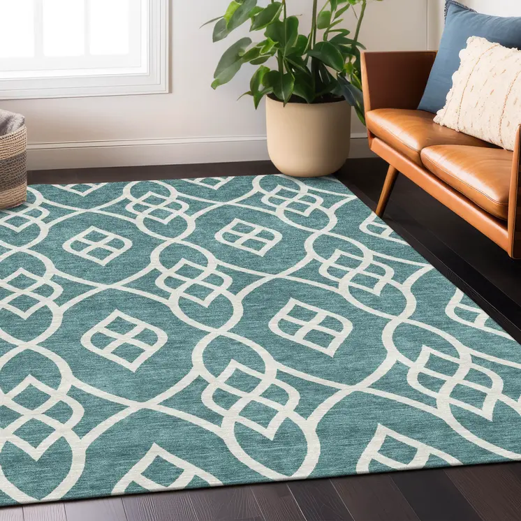 10' X 14' Teal Blue And Ivory Trellis Washable Indoor Outdoor Area Rug