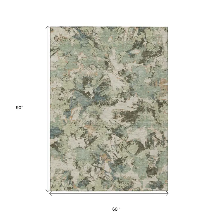 5' X 8' Beige Brown And Green Floral Washable Indoor Outdoor Area Rug