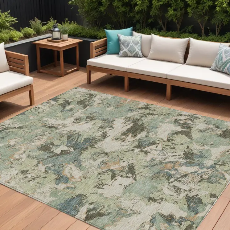 8' X 10' Beige Brown And Green Floral Washable Indoor Outdoor Area Rug