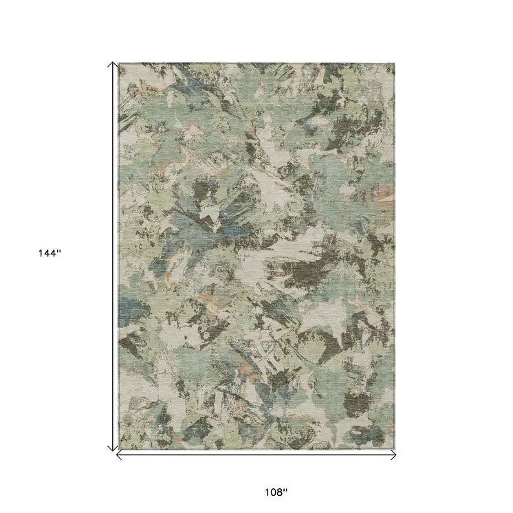 9' X 12' Beige Brown And Green Floral Washable Indoor Outdoor Area Rug