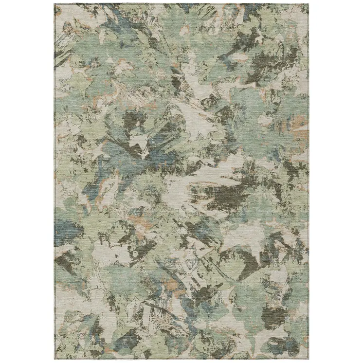 9' X 12' Beige Brown And Green Floral Washable Indoor Outdoor Area Rug