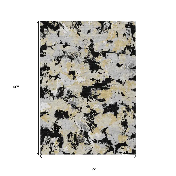 3' X 5' Black Gray And Light Brown Floral Washable Indoor Outdoor Area Rug