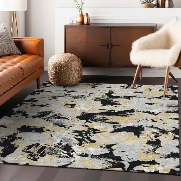 9' X 12' Black Gray And Light Brown Floral Washable Indoor Outdoor Area Rug