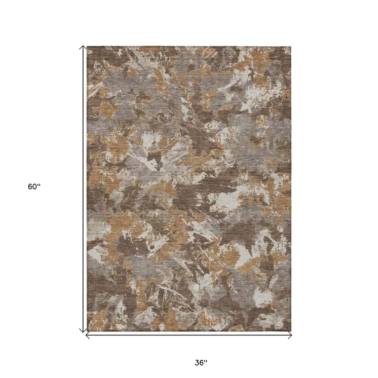 3' X 5' Brown Beige And Gray Floral Washable Indoor Outdoor Area Rug