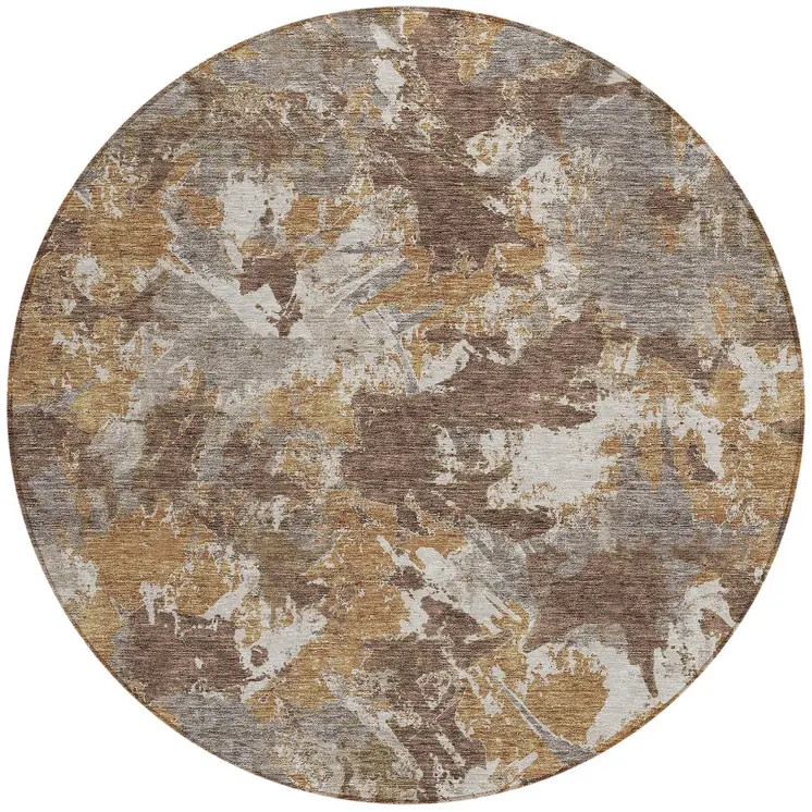 8' Brown Beige And Gray Round Floral Washable Indoor Outdoor Area Rug