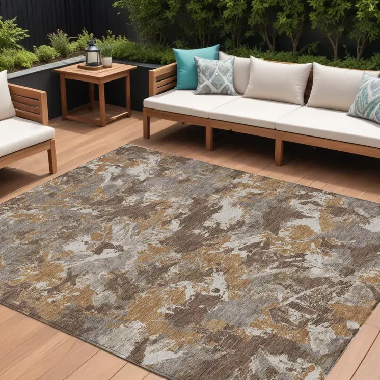8' X 10' Brown Beige And Gray Floral Washable Indoor Outdoor Area Rug