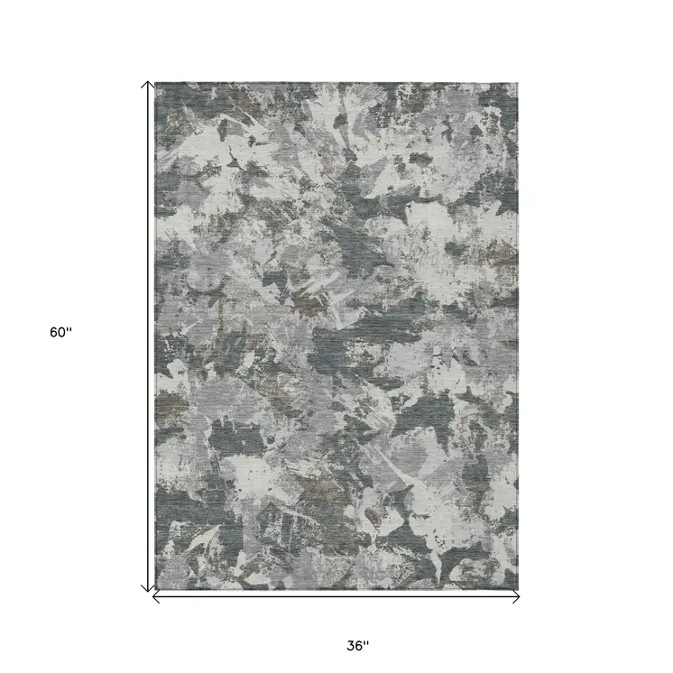 3' X 5' Charcoal Ivory And Gray Floral Washable Indoor Outdoor Area Rug