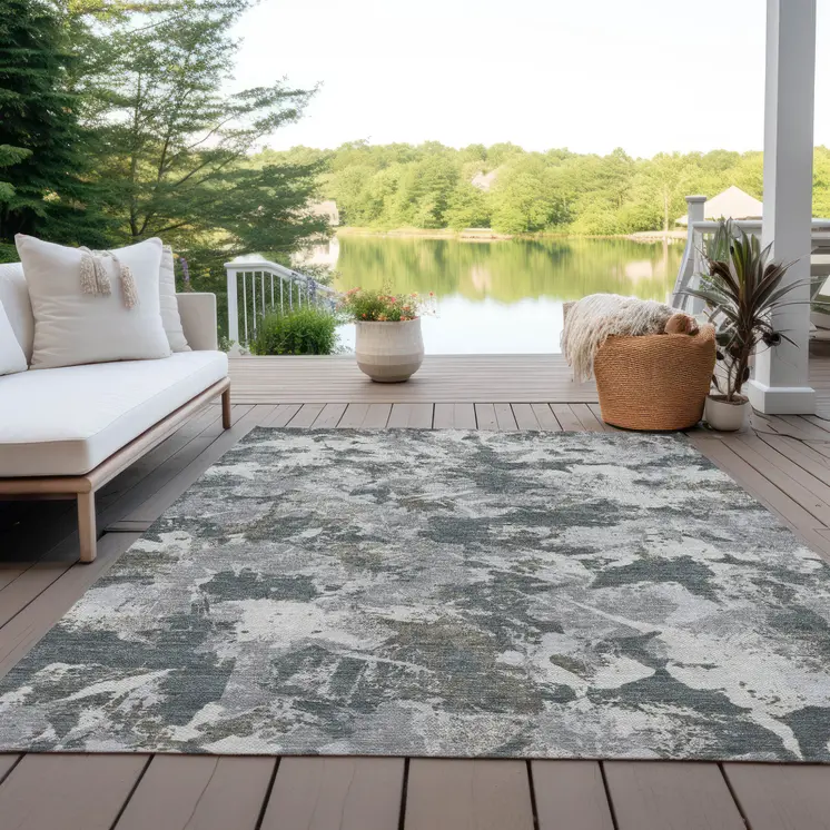 5' X 8' Charcoal Ivory And Gray Floral Washable Indoor Outdoor Area Rug