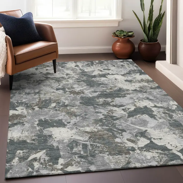 5' X 8' Charcoal Ivory And Gray Floral Washable Indoor Outdoor Area Rug