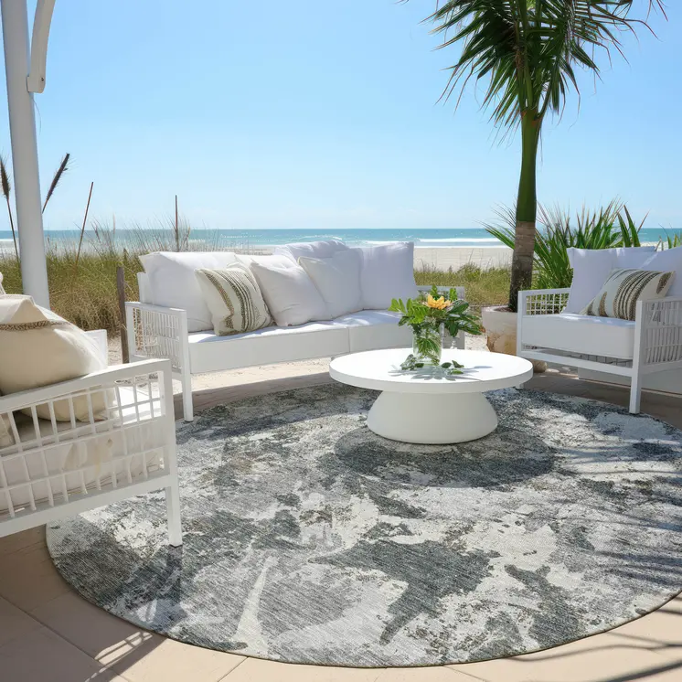 8' Charcoal Ivory And Gray Round Floral Washable Indoor Outdoor Area Rug