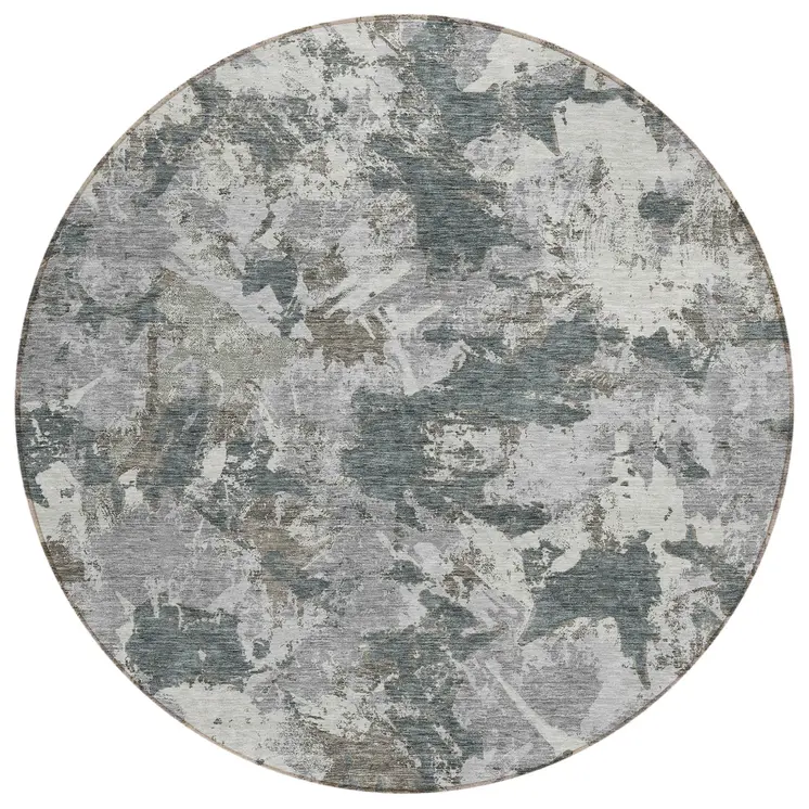 8' Charcoal Ivory And Gray Round Floral Washable Indoor Outdoor Area Rug