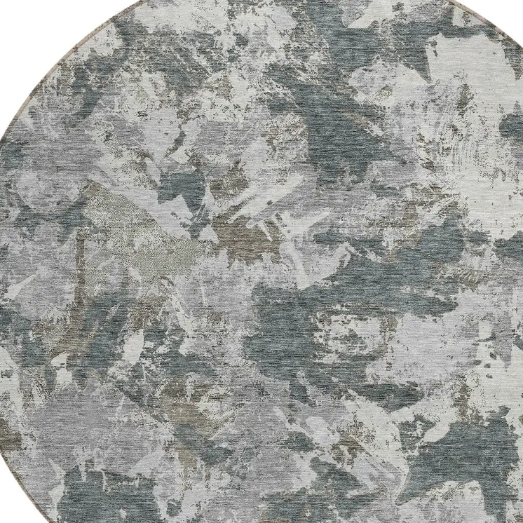8' Charcoal Ivory And Gray Round Floral Washable Indoor Outdoor Area Rug