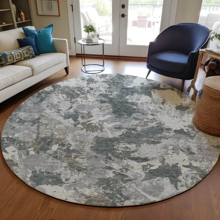 8' Charcoal Ivory And Gray Round Floral Washable Indoor Outdoor Area Rug