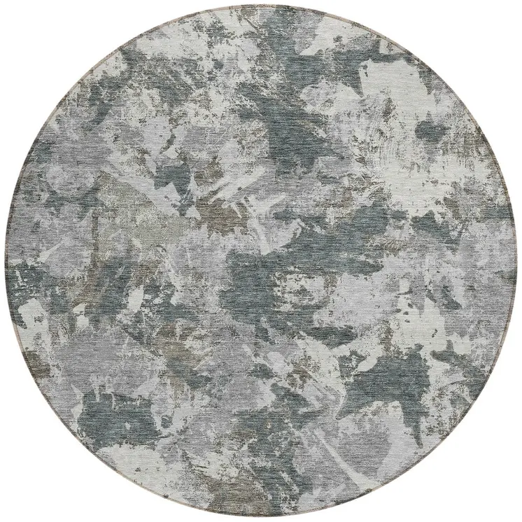 8' Charcoal Ivory And Gray Round Floral Washable Indoor Outdoor Area Rug