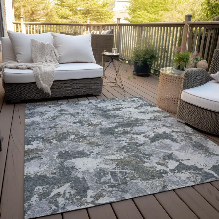10' X 14' Charcoal Ivory And Gray Floral Washable Indoor Outdoor Area Rug