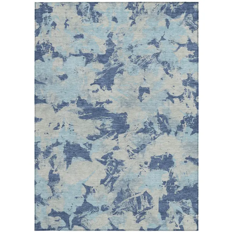 3' X 5' Navy Blue Gray And Aqua Floral Washable Indoor Outdoor Area Rug