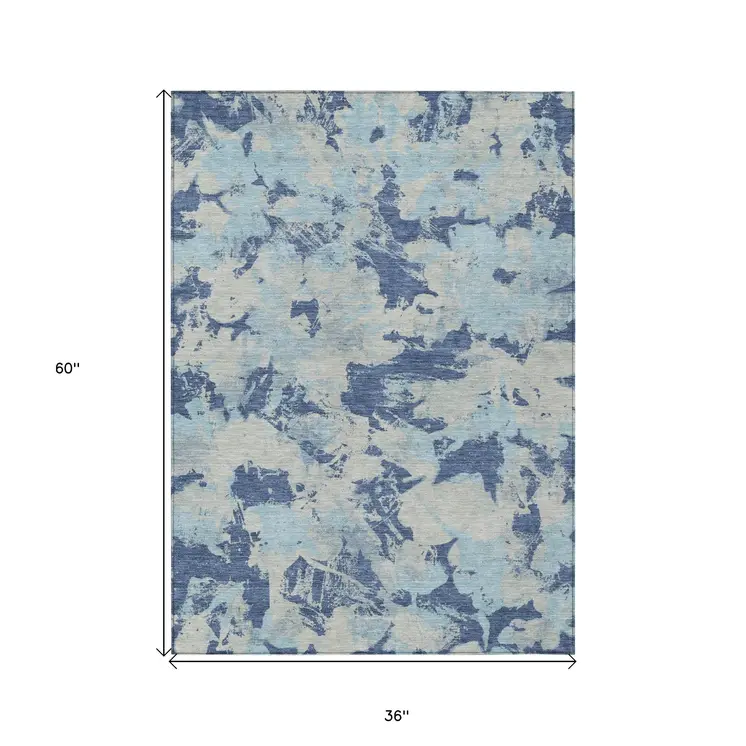 3' X 5' Navy Blue Gray And Aqua Floral Washable Indoor Outdoor Area Rug