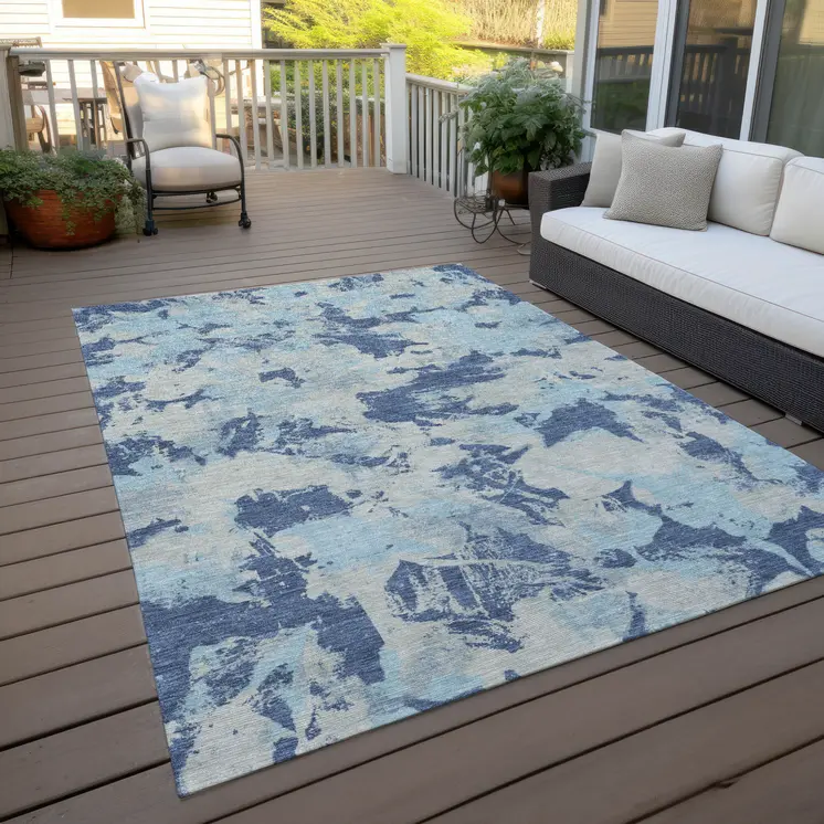 3' X 5' Navy Blue Gray And Aqua Floral Washable Indoor Outdoor Area Rug