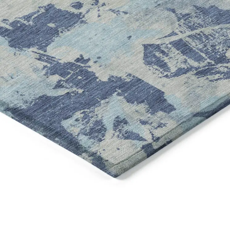 3' X 5' Navy Blue Gray And Aqua Floral Washable Indoor Outdoor Area Rug