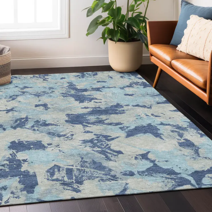 3' X 5' Navy Blue Gray And Aqua Floral Washable Indoor Outdoor Area Rug