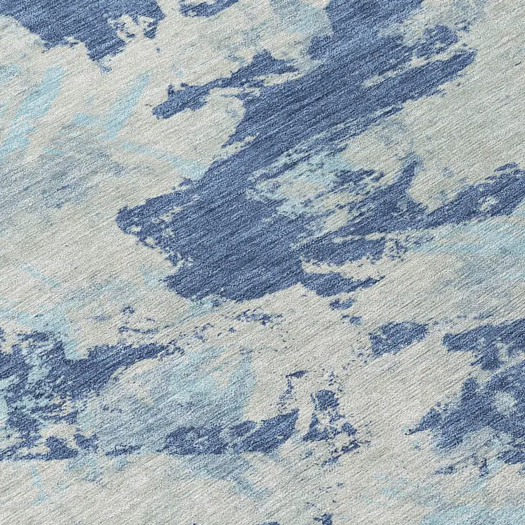 8' Navy Blue Gray And Aqua Round Floral Washable Indoor Outdoor Area Rug