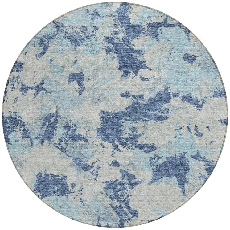 8' Navy Blue Gray And Aqua Round Floral Washable Indoor Outdoor Area Rug