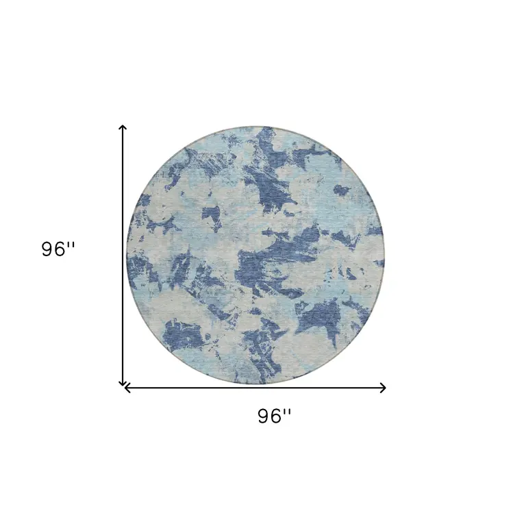 8' Navy Blue Gray And Aqua Round Floral Washable Indoor Outdoor Area Rug