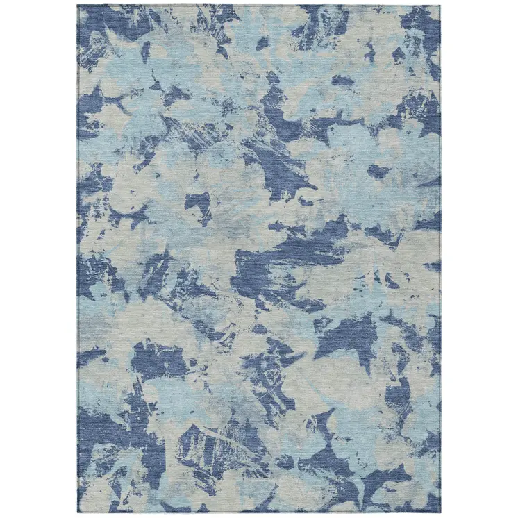 8' X 10' Navy Blue Gray And Aqua Floral Washable Indoor Outdoor Area Rug