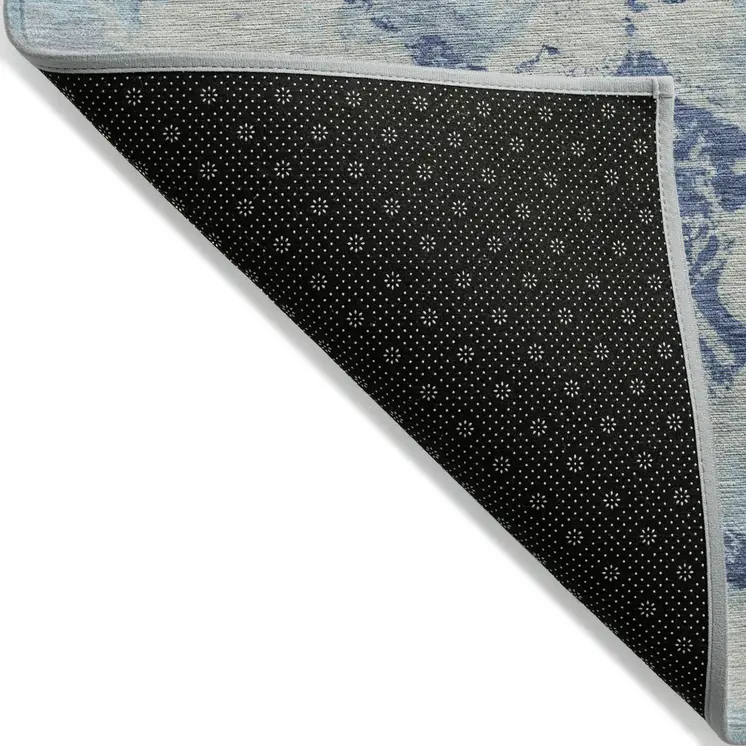 8' X 10' Navy Blue Gray And Aqua Floral Washable Indoor Outdoor Area Rug
