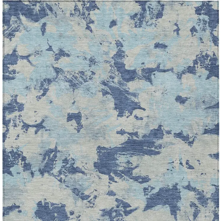 9' X 12' Navy Blue Gray And Aqua Floral Washable Indoor Outdoor Area Rug