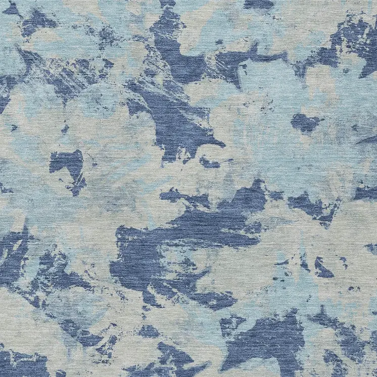 9' X 12' Navy Blue Gray And Aqua Floral Washable Indoor Outdoor Area Rug