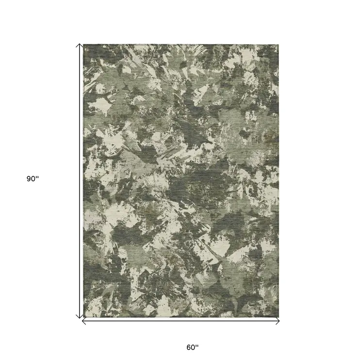 5' X 8' Olive Green And Ivory Floral Washable Indoor Outdoor Area Rug