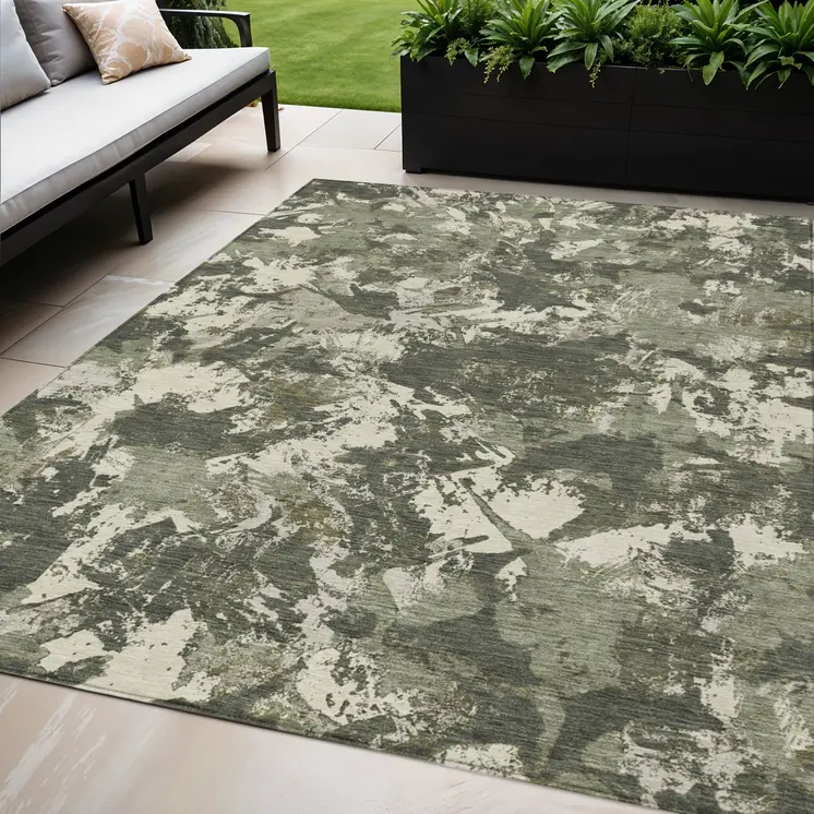 5' X 8' Olive Green And Ivory Floral Washable Indoor Outdoor Area Rug