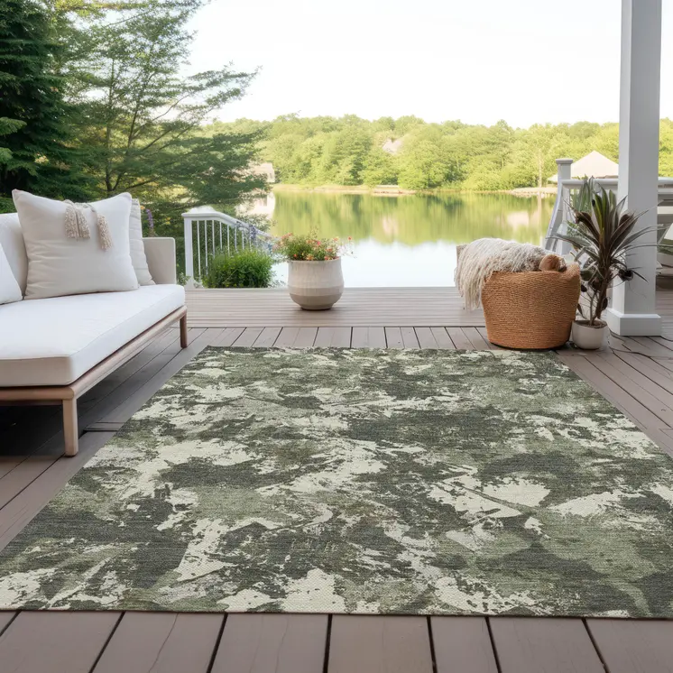 5' X 8' Olive Green And Ivory Floral Washable Indoor Outdoor Area Rug